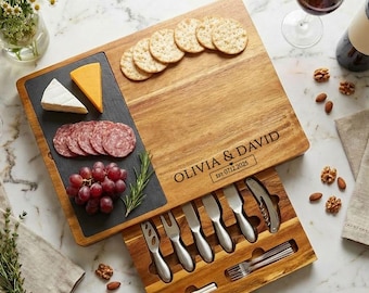 Personalized Charcuterie Board Set, Cheese and Meat Serving Tray with Slate and Knife Set, Realtor Closing gift, Custom Charcuterie board