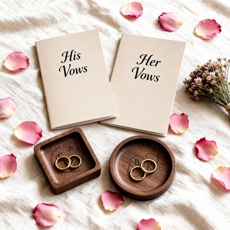 Two vow books labeled His Vows and Her Vows lie above a square and a round engraved wooden ring dish holding gold rings, scattered among rose petals and small purple flowers.