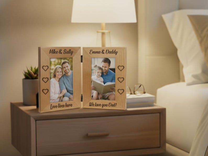 May include: A wooden, hinged photo frame with two sections. Each section holds a photograph and is engraved with names and phrases. The frame is decorated with heart-shaped cutouts and sits on a nightstand.