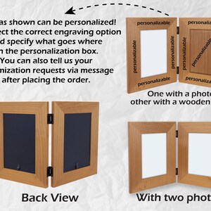 Op de afbeelding: Houten, scharnierende fotolijsten in verschillende configuraties. E&eacute;n lijst toont een foto en een houten plaat. Een andere toont twee foto's. Tekst geeft personalisatieopties aan.