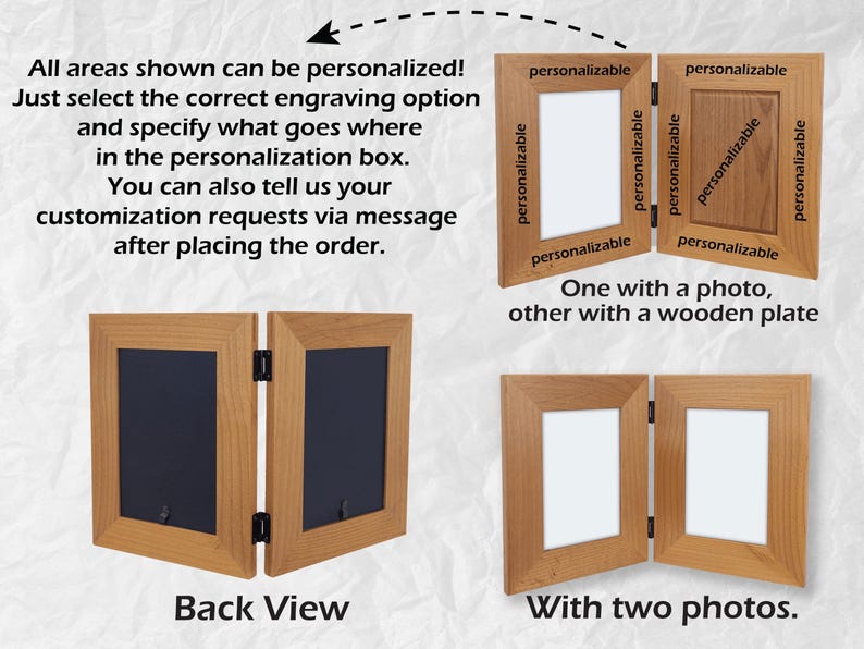 Op de afbeelding: Houten, scharnierende fotolijsten in verschillende configuraties. E&eacute;n lijst toont een foto en een houten plaat. Een andere toont twee foto's. Tekst geeft personalisatieopties aan.