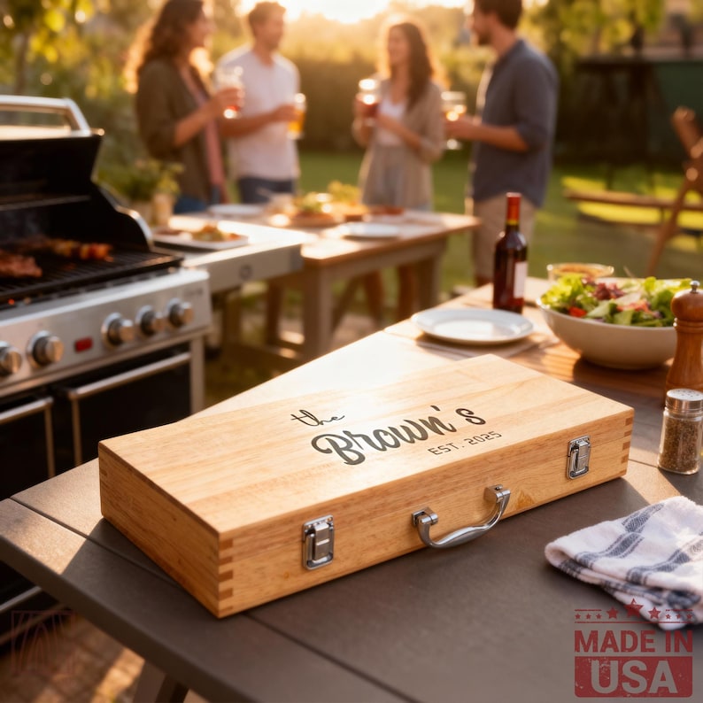 May include: A rectangular light-colored wooden carrying case with a silver metal handle and two silver latches. The top of the case features black printed text that reads "the Brown's EST. 2025" in a combination of script and sans-serif fonts.