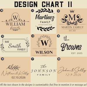 Op de afbeelding: Een ontwerptabel met verschillende familienamen in zwart op een beige achtergrond. Elk ontwerp bevat een familienaam, sommige met datums. De ontwerpen zijn in verschillende lettertypen en stijlen, met decoratieve elementen.
