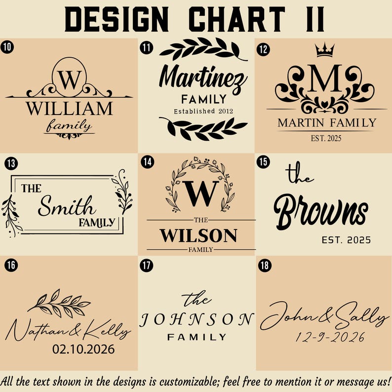 Op de afbeelding: Een ontwerptabel met verschillende familienamen in zwart op een beige achtergrond. Elk ontwerp bevat een familienaam, sommige met datums. De ontwerpen zijn in verschillende lettertypen en stijlen, met decoratieve elementen.