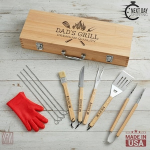 Personalized BBQ Grill Set, Custom Engraved Barbecue Tool Kit with Wooden Case, Gift for Dad or Grill Master, Engraved 11-Piece BBQ Tool Set