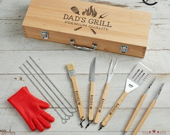 Personalized BBQ Grill Set, Custom Engraved Barbecue Tool Kit with Wooden Case, Gift for Dad or Grill Master, Engraved 11-Piece BBQ Tool Set