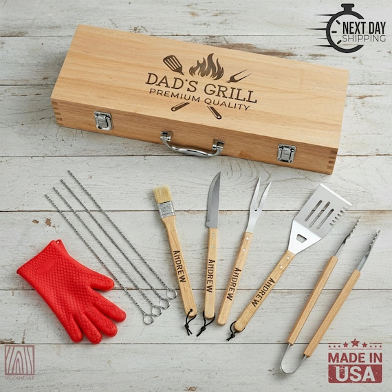 Personalized BBQ Grill Set, Custom Engraved Barbecue Tool Kit with Wooden Case, Gift for Dad or Grill Master, Engraved 11-Piece BBQ Tool Set