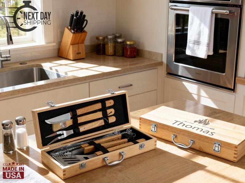 May include: A wooden barbecue tool set in a rectangular carrying case with metal latches and a handle. The lid is engraved with the name Thomas and a flame icon. Inside, stainless steel tools with wooden handles are secured by black elastic straps.