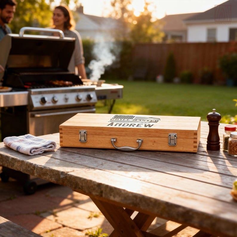 May include: A rectangular wooden carrying case with a metal handle and two silver latches. The lid features a laser-engraved American flag design with the text Grill Master and the name Andrew centered on the top surface of the wooden box.