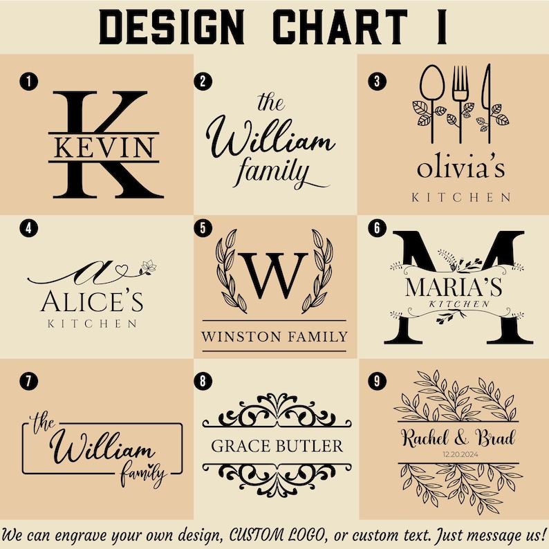 Op de afbeelding: Een ontwerptabel met negen verschillende gepersonaliseerde ontwerpopties. Elk ontwerp bevat een naam of achternaam in verschillende lettertypen en stijlen, geschikt voor graveren. De tekst onderaan luidt: "We kunnen uw eigen ontwerp, CUSTOM LOGO of aangepaste tekst graveren. Stuur ons een bericht!"