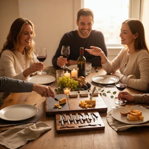 Op de afbeelding: Een houten kaasplank met een leistenen inzet, diverse kazen en kaasmessen. Een fles wijn, druiven en kaarsen staan op tafel. Mensen verzamelen zich rond de tafel en genieten van wijn en eten.