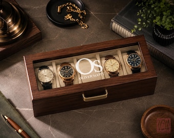 Custom Engraved Watch Box, Personalized Wood Watch Case with Glass Lid, Groomsmen Gift, Watch Storage for Men, Watch Display with Glass Top