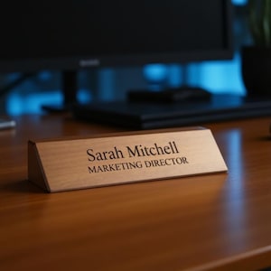 K&ouml;nnte beinhalten: Ein Namensschild aus Holz mit dem Namen "Sarah Mitchell" und dem Titel "MARKETING DIRECTOR" in Schwarz graviert. Das Namensschild ist hellbraun und steht auf einem Holzschreibtisch.