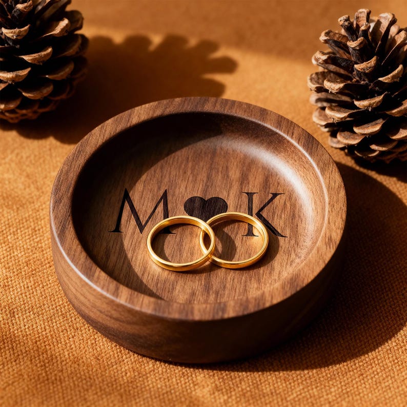 A round wooden ring dish engraved with the letters M and K separated by a heart holds two gold bands, resting between two pinecones on an orange fabric surface.