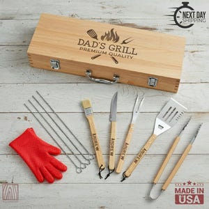 Personalized BBQ Grill Set, Custom Engraved Barbecue Tool Kit with Wooden Case, Gift for Dad or Grill Master, Engraved 11-Piece BBQ Tool Set