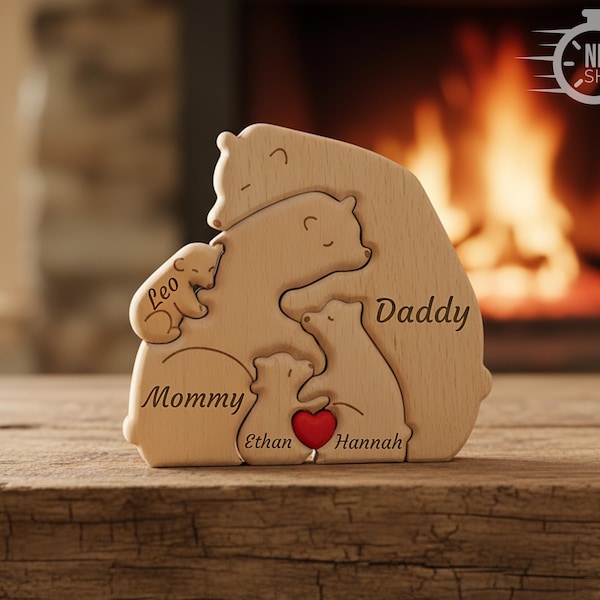 Personalized Wooden Bear Family Puzzle, Custom Engraved Name Puzzle for Family Home Décor, Family Keepsake, Hugging Bear Family, Baby puzzle