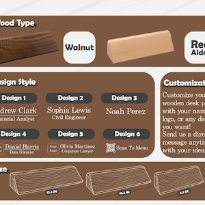 K&ouml;nnte beinhalten: Holz-Schreibtischplatten-Optionen in Walnuss und Rot-Erle. Designstile mit Namen und Titeln, anpassbar. Gr&ouml;&szlig;en: 31,75 cm, 26,67 cm und 21,59 cm.