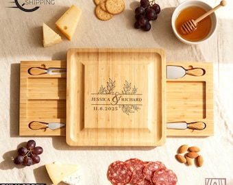 Personalized Bamboo Charcuterie Board , Custom Engraved Cheese Board with Utensils, Housewarming Gift Board, Personalized Meet Serving Tray
