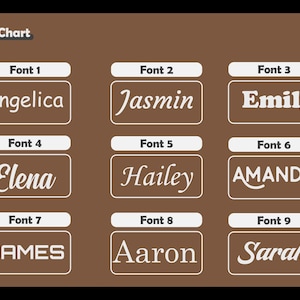 Op de afbeelding: Een lettertypekaart met negen verschillende lettertypestijlen. Elk lettertype wordt weergegeven met een naam, zoals "Angelica", "Jasmin" en "Emily", in een rechthoek met witte randen. De achtergrond is effen bruin.