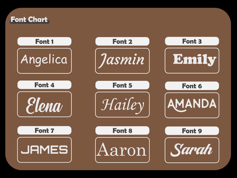 Op de afbeelding: Een lettertypekaart met negen verschillende lettertypestijlen. Elk lettertype wordt weergegeven met een naam, zoals "Angelica", "Jasmin" en "Emily", in een rechthoek met witte randen. De achtergrond is effen bruin.