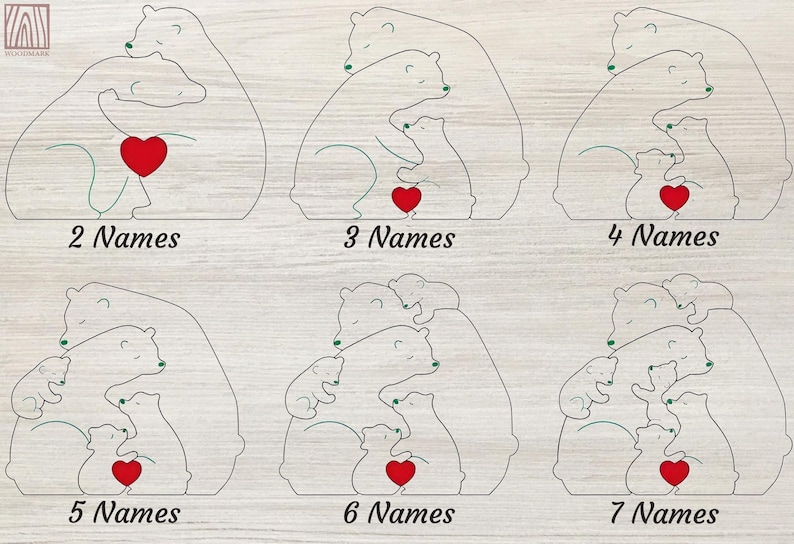 May include: Wooden family bear cutouts with a red heart and the number of names displayed. The cutouts range from two to seven names. The bears are hugging each other. The text "2 Names", "3 Names", "4 Names", "5 Names", "6 Names", and "7 Names" are displayed.