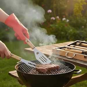 May include: A stainless steel spatula and a two-pronged fork with light wood handles, each featuring a small bee icon, are used to grill a raw steak on a black charcoal grill. A wooden carrying case with additional grilling tools sits nearby.