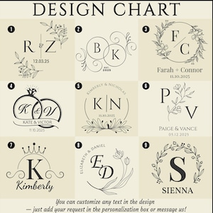 A design chart with nine numbered black and white engraving options featuring monograms, names, dates, and floral accents.
