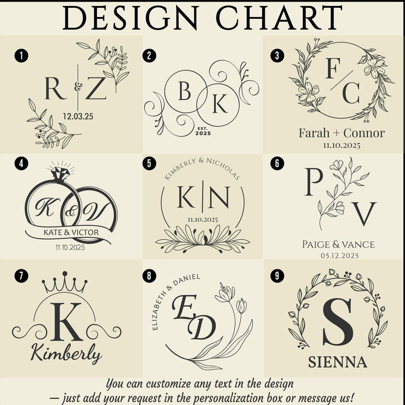 A design chart with nine numbered black and white engraving options featuring monograms, names, dates, and floral accents.