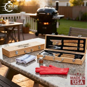 Personalized BBQ Grill Set, Custom Engraved Barbecue Tool Kit with Wooden Case, Gift for Dad or Grill Master, Engraved 11-Piece BBQ Tool Set image 4