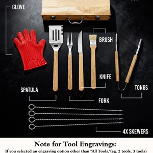 May include: A barbecue tool set featuring a wooden storage box, a red silicone glove, a spatula, a fork, a knife, a basting brush, a pair of metal tongs, and four metal skewers. Each tool has a wooden handle and is labeled with its name.