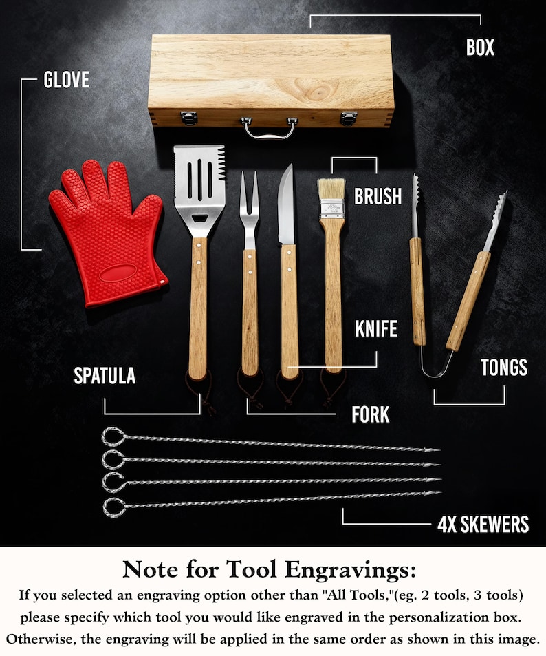 May include: A barbecue tool set featuring a wooden storage box, a red silicone glove, a spatula, a fork, a knife, a basting brush, a pair of metal tongs, and four metal skewers. Each tool has a wooden handle and is labeled with its name.