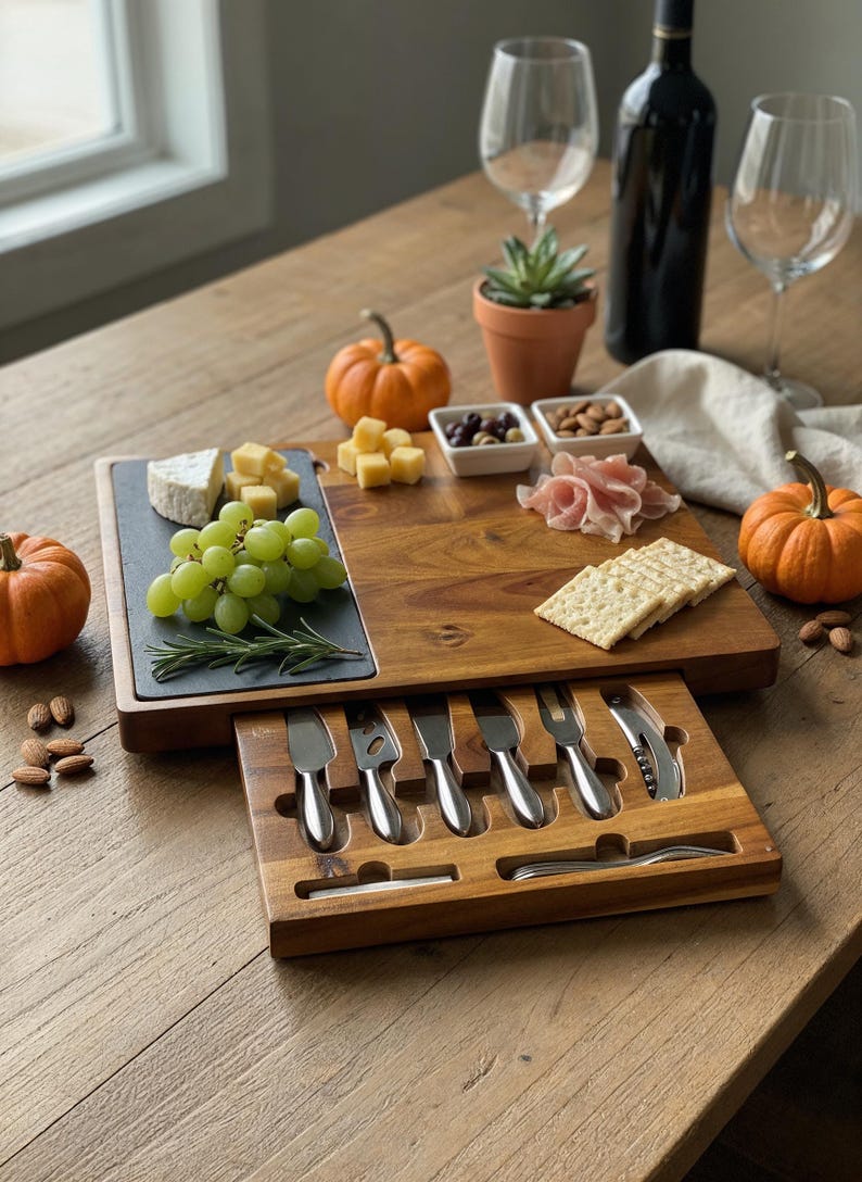 Op de afbeelding: Houten charcuterieplank met een leisteen kaasgedeelte, druiven, kaas, crackers en een selectie van gastronomische gerechten. Inclusief een lade met kaasmesjes en vorken. Wijnglazen, een fles wijn en pompoenen completeren het herfstthema.