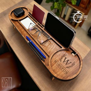 Organiseur de bureau personnalisé en bois, Organiseur de bureau polyvalent avec support pour téléphone, Station d'accueil de recharge, Accessoires de bureau personnalisés