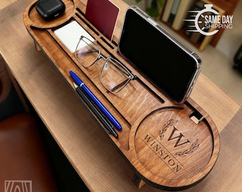 Personalized Wooden Desk Organizer, Multi-Purpose Office Organizer With Phone Stand, Charging Dock Station, Custom Office Desk Accessories