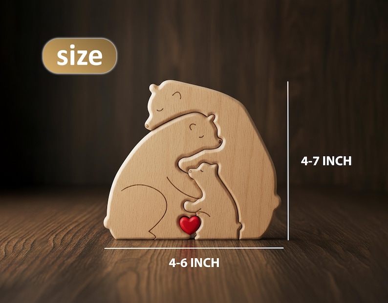 May include: Wooden bear family sculpture with a red heart, measuring 4-6 inches wide and 4-7 inches tall. The bears are light brown and interlock, creating a family-themed decorative piece.
