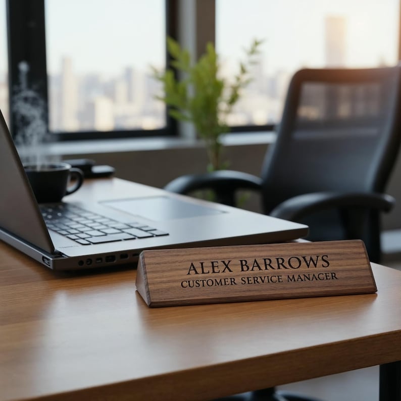 K&ouml;nnte beinhalten: Ein Namensschild aus Holz mit dem Text "ALEX BARROWS" und "CUSTOMER SERVICE MANAGER" in einer Serifenschrift. Das Namensschild befindet sich auf einem Holzschreibtisch neben einem Laptop und einer Tasse Kaffee. Der Hintergrund umfasst ein Fenster und einen B&uuml;rostuhl.