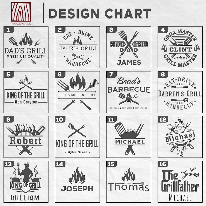 May include: A design chart featuring sixteen distinct black and white graphic logos for barbecue branding. Each square contains unique typography and illustrations of grilling tools like spatulas, forks, and flames, with various names and phrases.