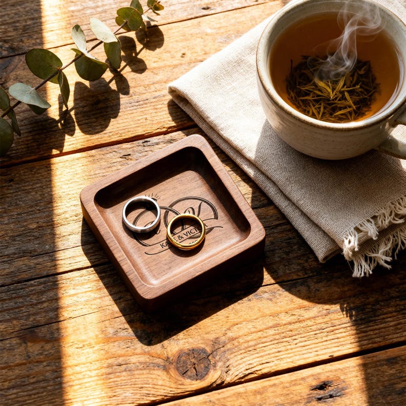 A square wooden ring dish engraved with initials and floral details holds two rings next to a mug of tea and a leafy branch on a wooden tabletop.