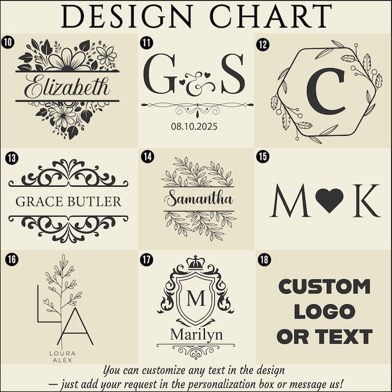 A design chart with nine numbered options from ten to eighteen displaying different text styles, initials, and botanical frames.