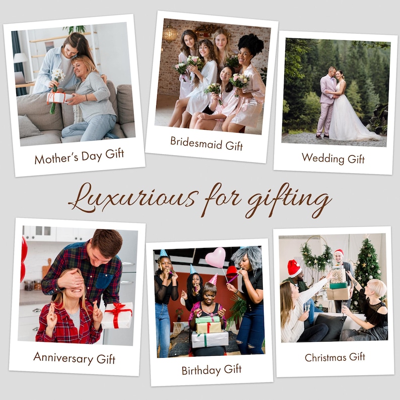 K&ouml;nnte beinhalten: Eine Collage aus sechs Fotos im Polaroid-Stil, die Geschenkideen zeigen. Die Fotos zeigen Szenen mit den Bezeichnungen "Muttertagsgeschenk", "Brautjungferngeschenk", "Hochzeitsgeschenk", "Jahrestagsgeschenk", "Geburtstagsgeschenk" und "Weihnachtsgeschenk". Der Text "Luxuri&ouml;s zum Verschenken" ist ebenfalls vorhanden.