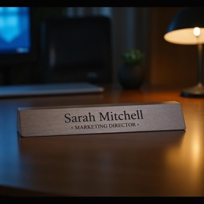 K&ouml;nnte beinhalten: Ein Namensschild aus Holz mit dem Namen "Sarah Mitchell" und dem Titel "Marketing Director" in dunkler Schrift. Das rechteckige Namensschild liegt auf einem Holzschreibtisch. Im Hintergrund sind eine Schreibtischlampe und ein Computermonitor zu sehen.