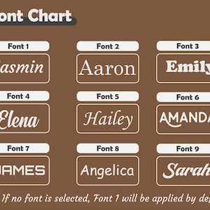 May include: A brown graphic displaying a font chart with nine different font styles. Each font is shown with a sample name in a white rectangular box. The text "Font Chart" is at the top. The text "Note: If no font is selected, Font 1 will be applied by default." is at the bottom.