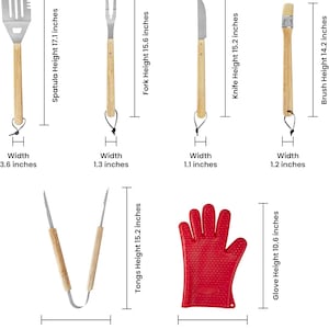 May include: A set of six barbecue tools including a spatula, fork, knife, brush, tongs, and a red silicone glove. Each tool features a wooden handle with a black hanging loop. Dimensions are provided in inches for each item, ranging from 14.2 to 17.1 inches.