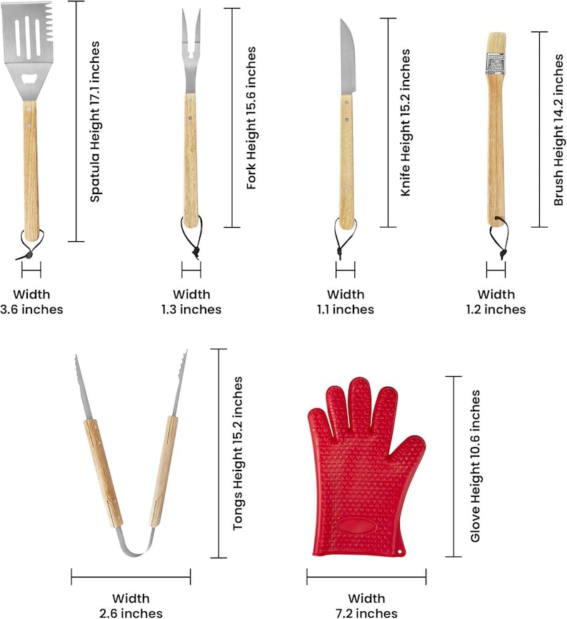May include: A set of six barbecue tools including a spatula, fork, knife, brush, tongs, and a red silicone glove. Each tool features a wooden handle with a black hanging loop. Dimensions are provided in inches for each item, ranging from 14.2 to 17.1 inches.