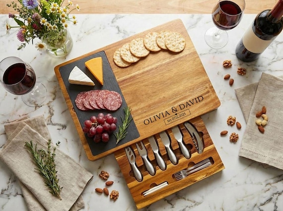 Personalized Charcuterie Board Set, Cheese and Meat Serving Tray with Slate and Knife Set, Realtor Closing gift, Custom Charcuterie board