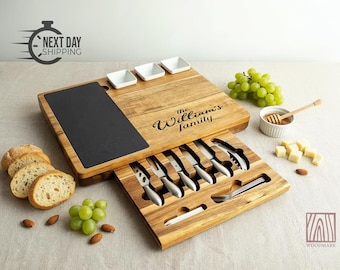 Ensemble de planches à charcuterie personnalisées avec ardoise, plateau de service de fromages et de viande personnalisé, planche à découper gravée, pendaison de crémaillère, cadeau de clôture pour agent immobilier