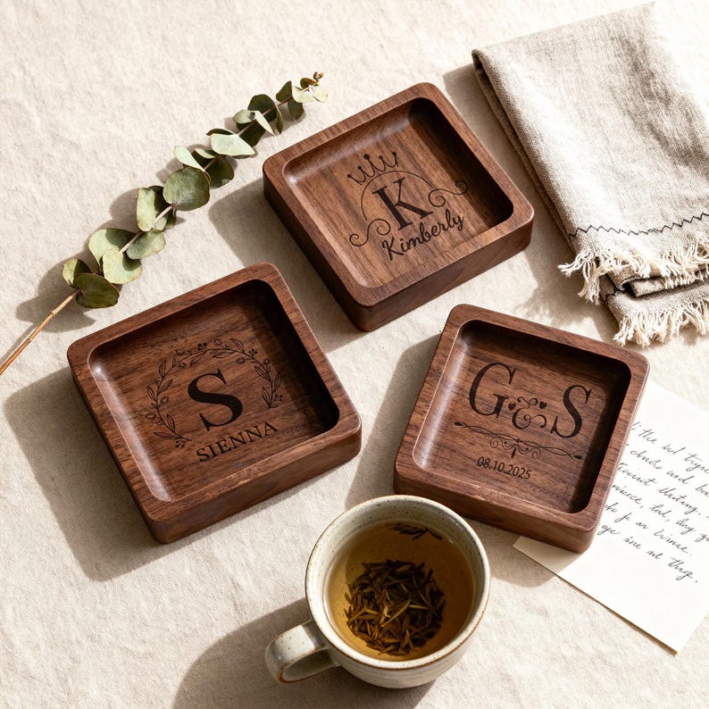 Three engraved wooden ring dishes with different monograms are arranged on fabric next to a sprig of leaves, a teacup, and a folded cloth napkin.