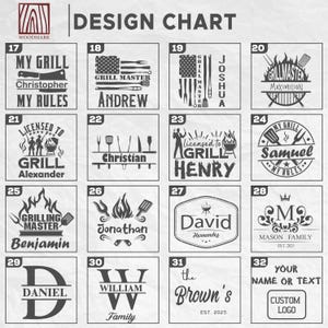 May include: A design chart featuring sixteen numbered square panels displaying various black graphic templates for custom engraving. Each panel includes unique text, names, and illustrations of grilling tools, flames, and monograms on a white background.