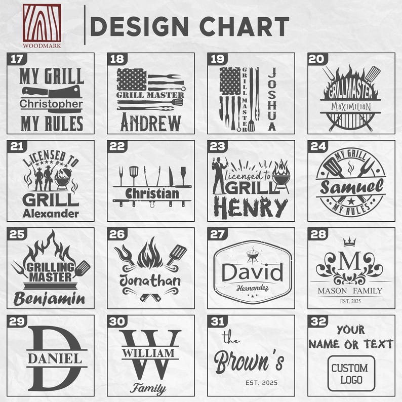 May include: A design chart featuring sixteen numbered square panels displaying various black graphic templates for custom engraving. Each panel includes unique text, names, and illustrations of grilling tools, flames, and monograms on a white background.