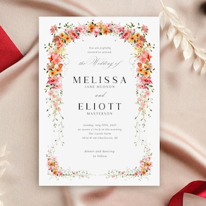 Orange Wildflower Wedding Invitation, Floral Colorful Wedding Invites, Digital Editable Wedding Template, Elegant Classy